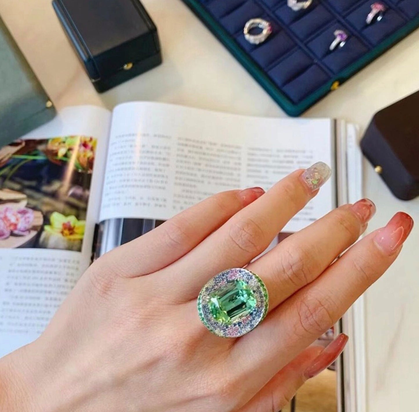 Womens Big Gemstone Ring | Statement Ring | Green Diamond Ring | Womens Big Diamond Ring | Emerald Diamond Ring | Round Green Diamond Ring